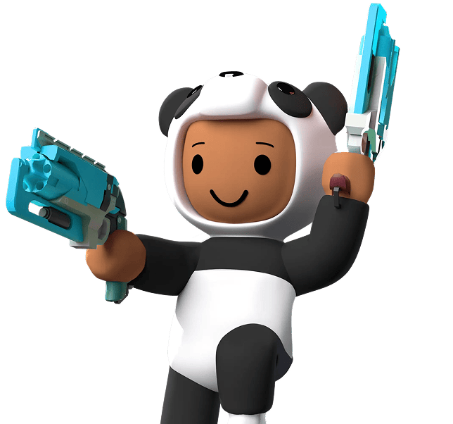 Cartoon astronaut character in a white spacesuit holding a blue sci-fi blaster