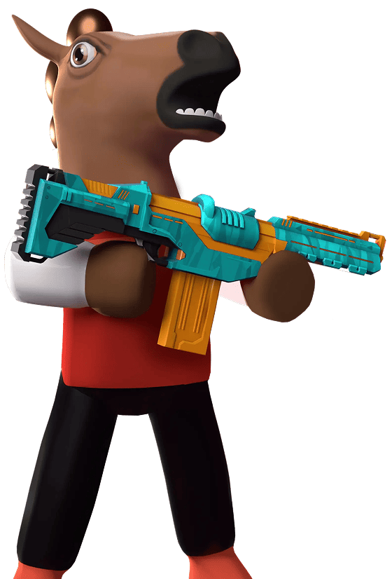 Stylized cartoon character with a horse head holding a colorful game blaster