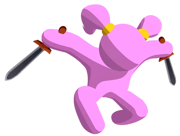 Pink cartoon ninja with dual energy blades in a playful combat pose